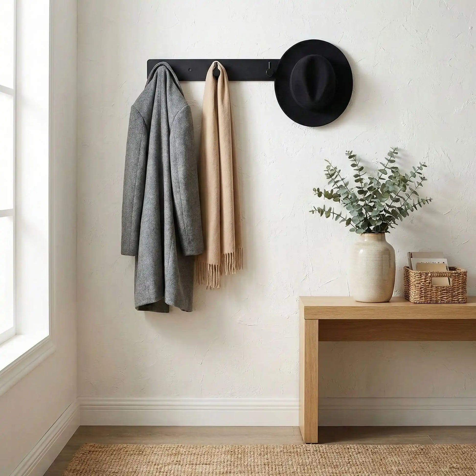 Porte-manteau mural noir mat supportant une veste et un chapeau, illustrant sa grande capacité de charge.