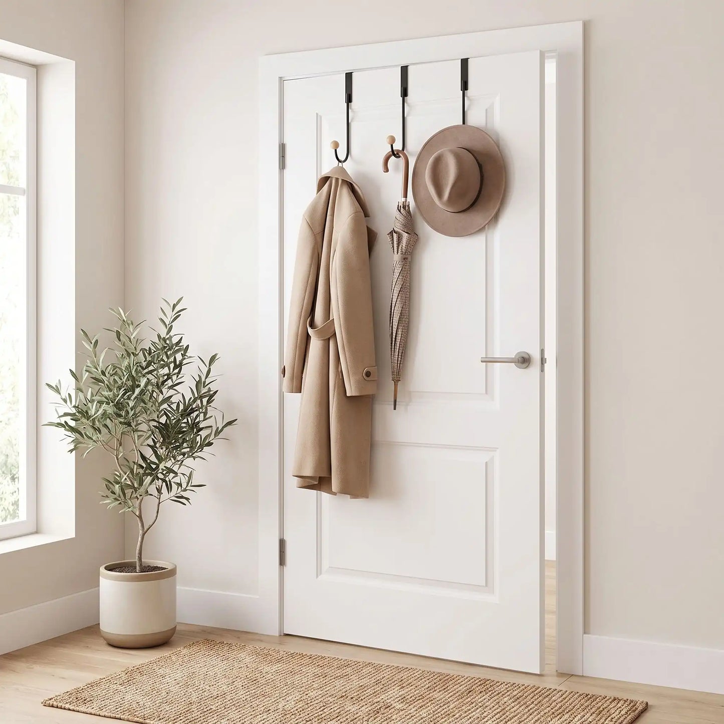 Porte-manteau de porte en acier inoxydable installé sur une porte blanche avec un manteau beige, un chapeau et un parapluie accrochés