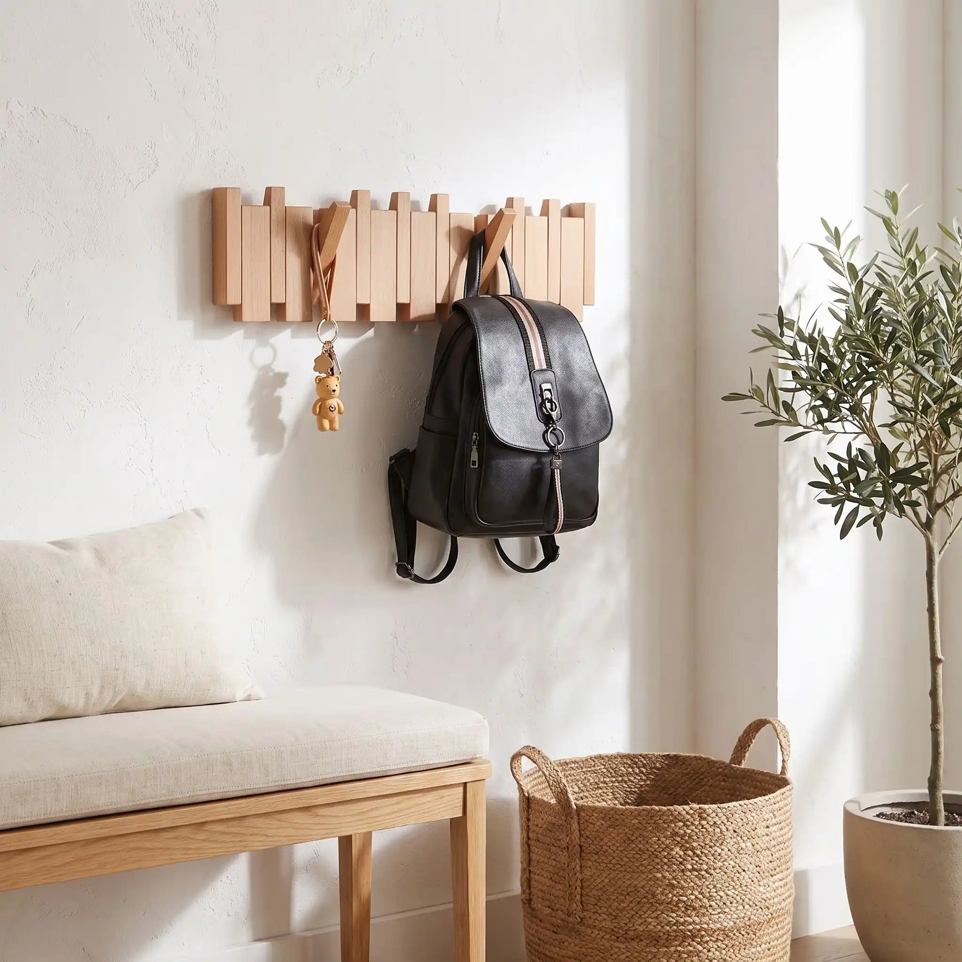 Porte‑manteau mural SKOG™ en bois massif naturel, rétractable, style scandinave, 1 unité (vendu en lot de 4)