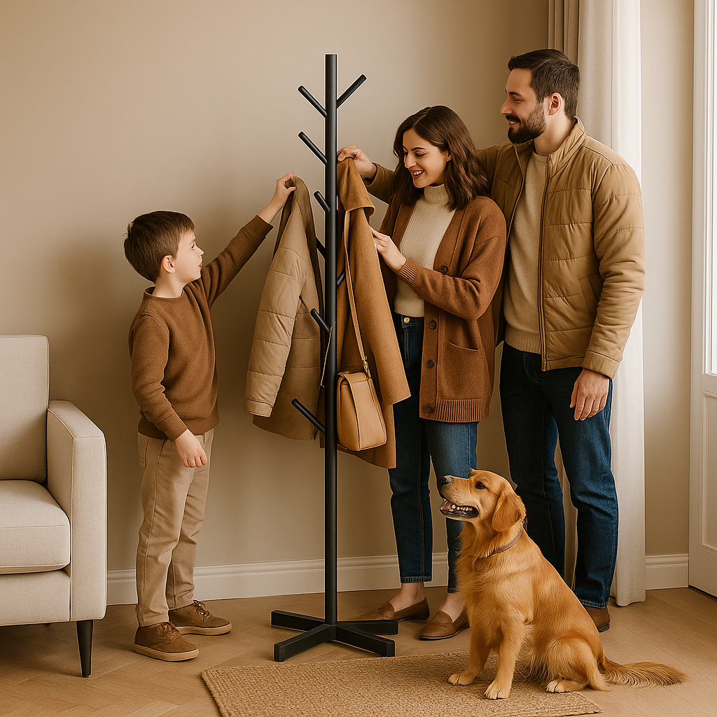 porte manteau sur pied avec une famille élégance métallique
