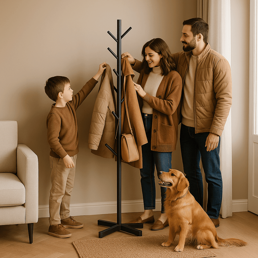 Famille organisant ses manteaux sur un porte-manteau sur pied en métal dans une entrée moderne