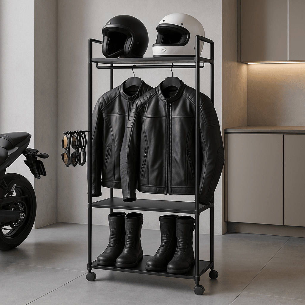 Porte-manteau sur pied noir en métal avec vestes et casques de moto, rangement robuste pour garage ou entrée