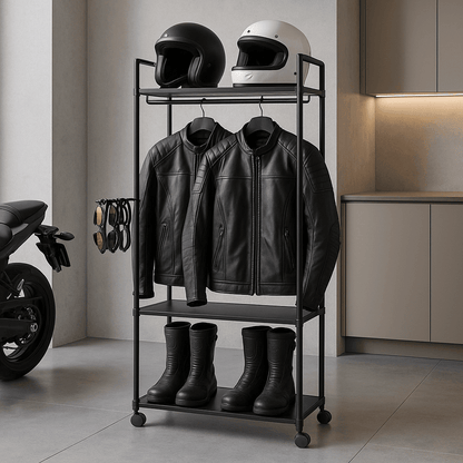 Porte-manteau sur pied noir en métal avec vestes et casques de moto, rangement robuste pour garage ou entrée