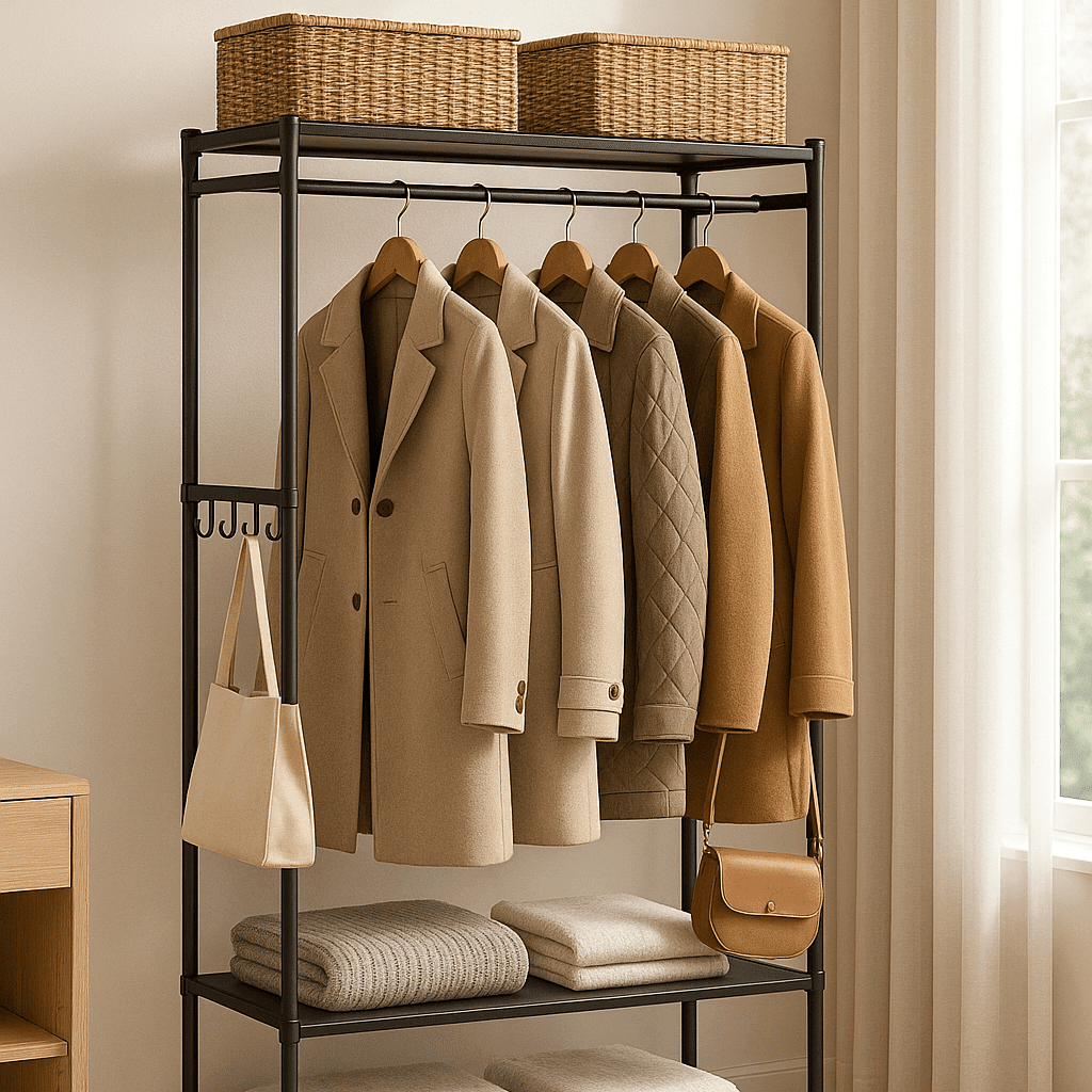 Porte-manteau sur pied noir avec vêtements suspendus et étagères de rangement pour chambre