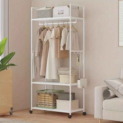 Porte-manteau sur pied blanc mobile en métal avec étagères de rangement pour chambre 