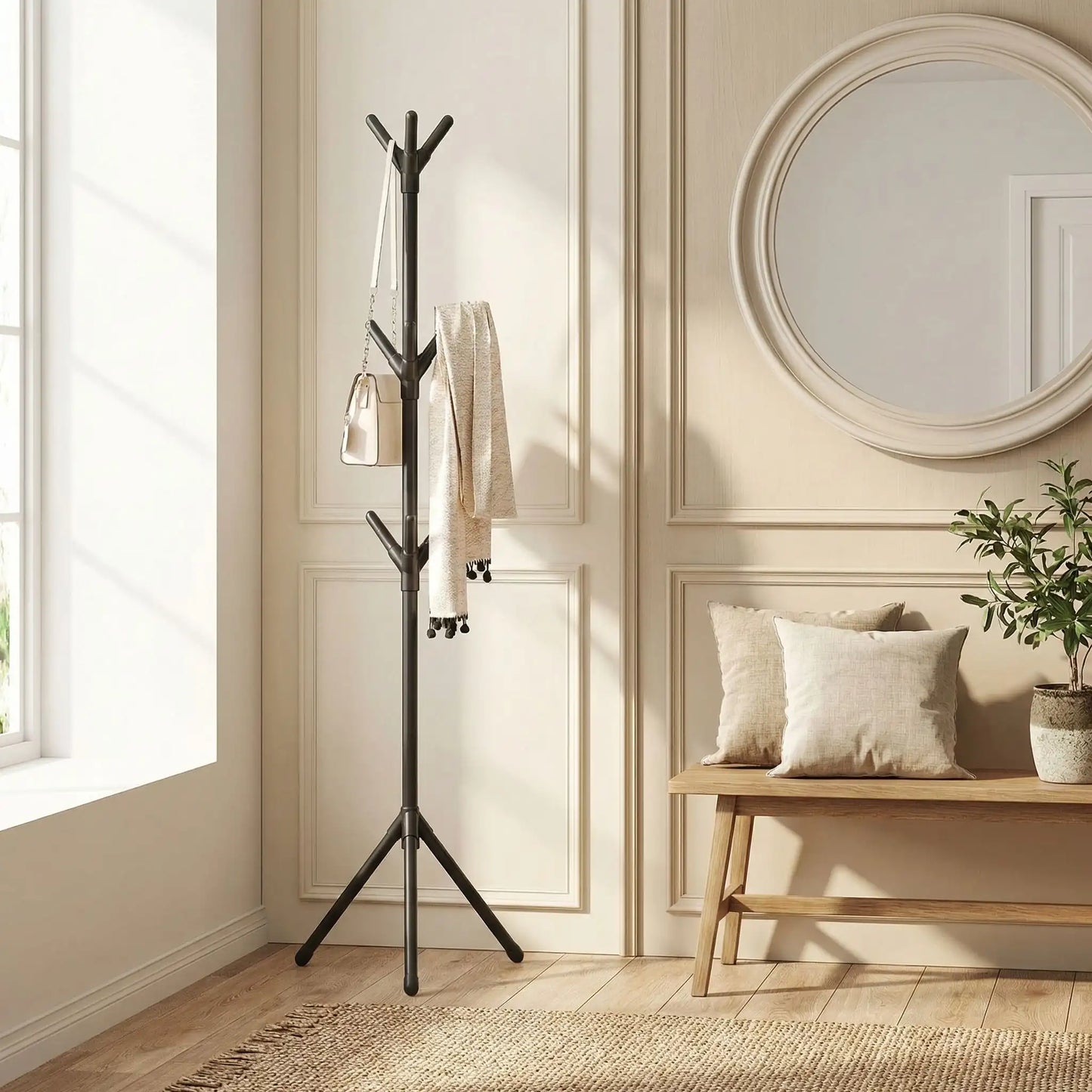 Porte-manteau sur pied noir mat PlastiCoat™ au design branche, installé dans une entrée élégante avec miroir et décoration bois.