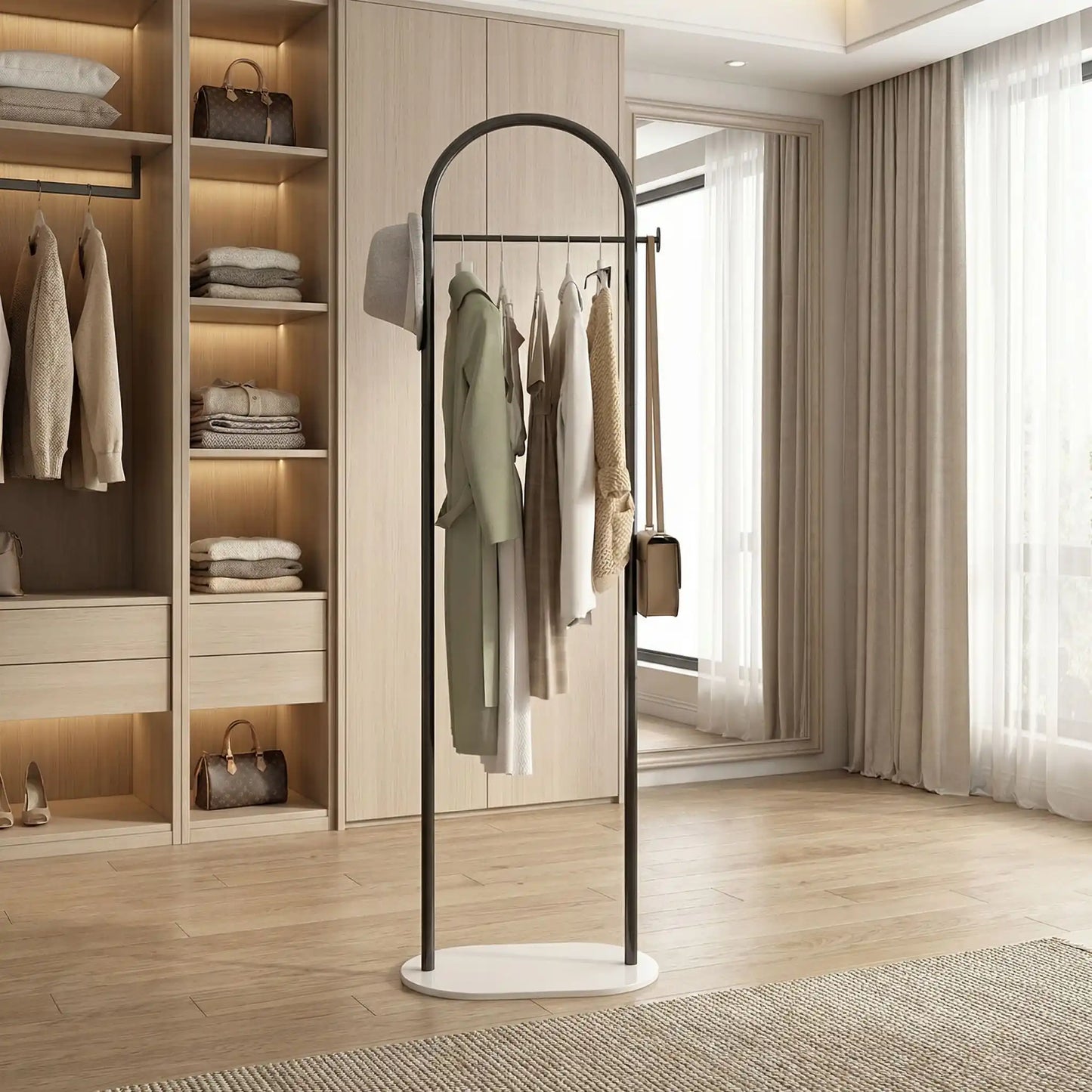 Porte-manteau sur pied Soma noir en acier haute densité, style industriel et robuste pour rangement d'entrée.