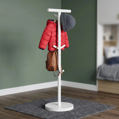 porte‑manteau enfant blanc avec manteau rouge et sac dans chambre verte