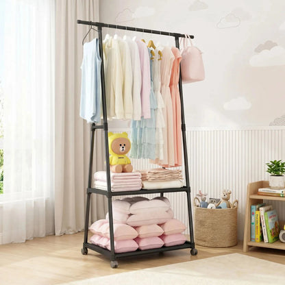 Porte-manteau pour enfant KidOrganize™ noir sur roulettes avec étagères de rangement pour vêtements