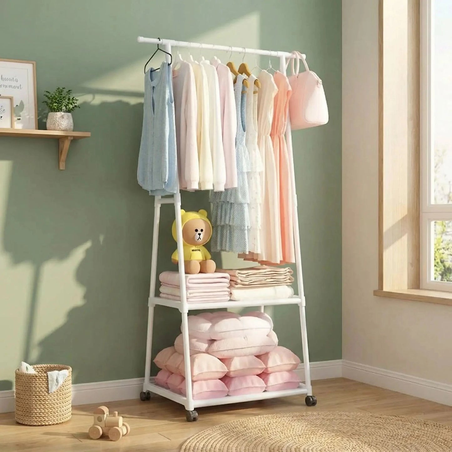 Porte-manteau pour enfant KidOrganize™ blanc en métal avec étagère, design minimaliste sur roulettes 