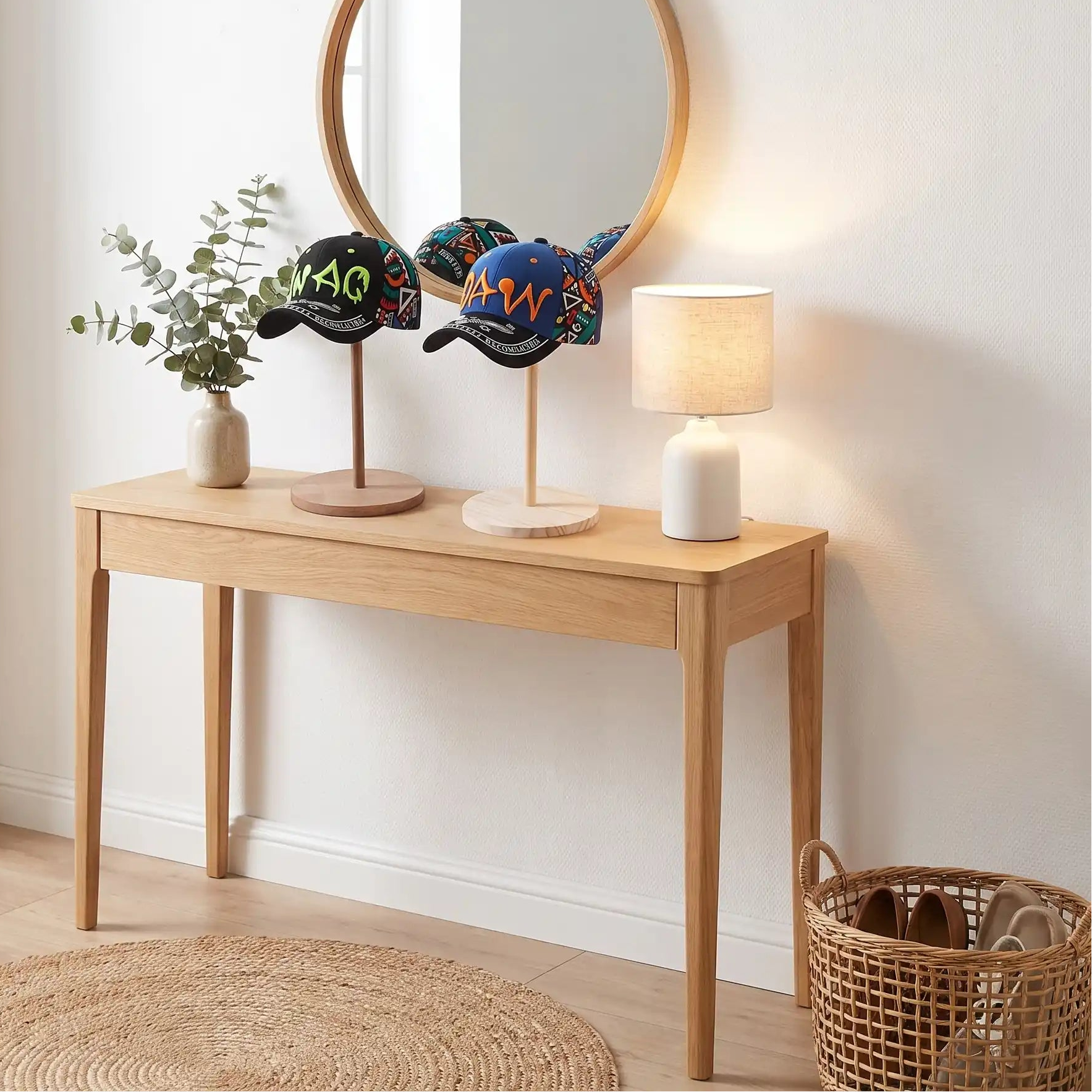 Présentoir à casquette SKOG™ bois naturel pour visibilité optimale