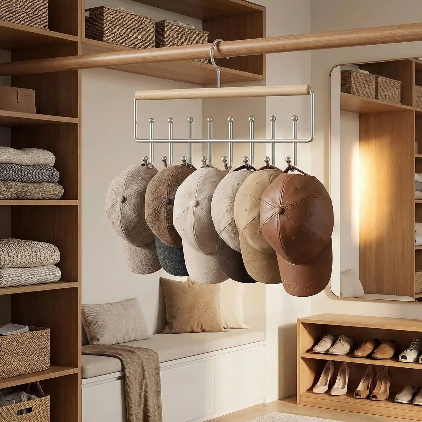 Support Casquette en Bois | Rangement 8 crochets - Rangement signature