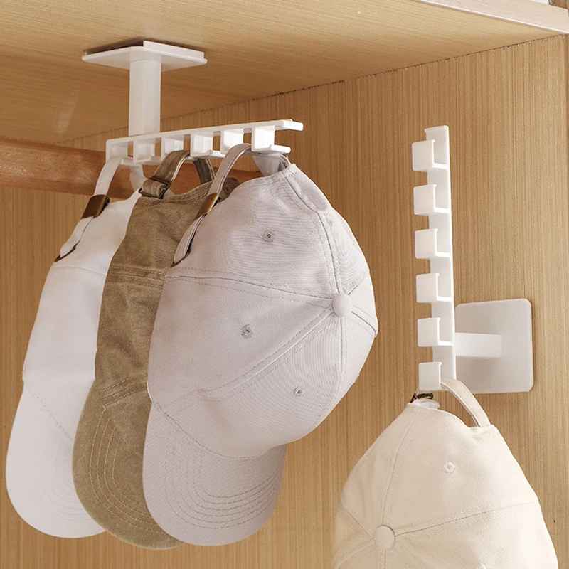  Support casquette mural blanc avec crochets multiples pour organiser plusieurs casquettes