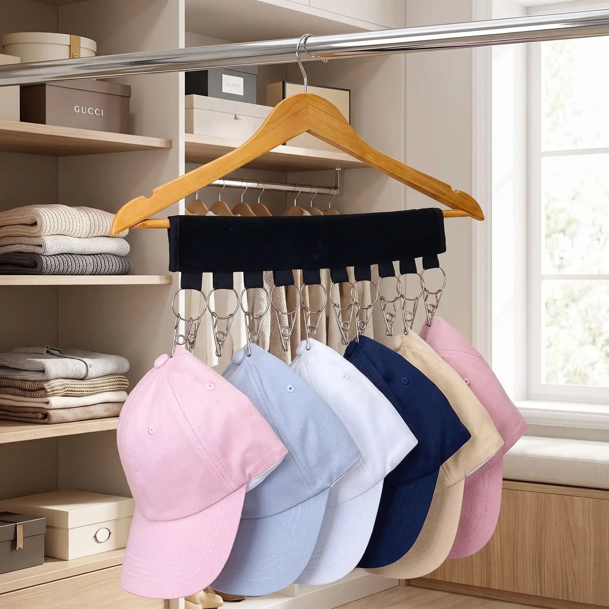 Support casquette FJELL™ 10 clips en acier inoxydable avec tissu résistant vu de côté pour montrer la structure