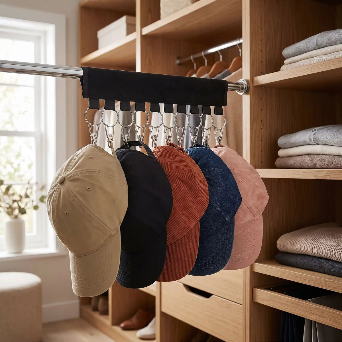 Support casquette FJELL™ 10 clips en acier inoxydable avec tissu résistant avec détail des attaches