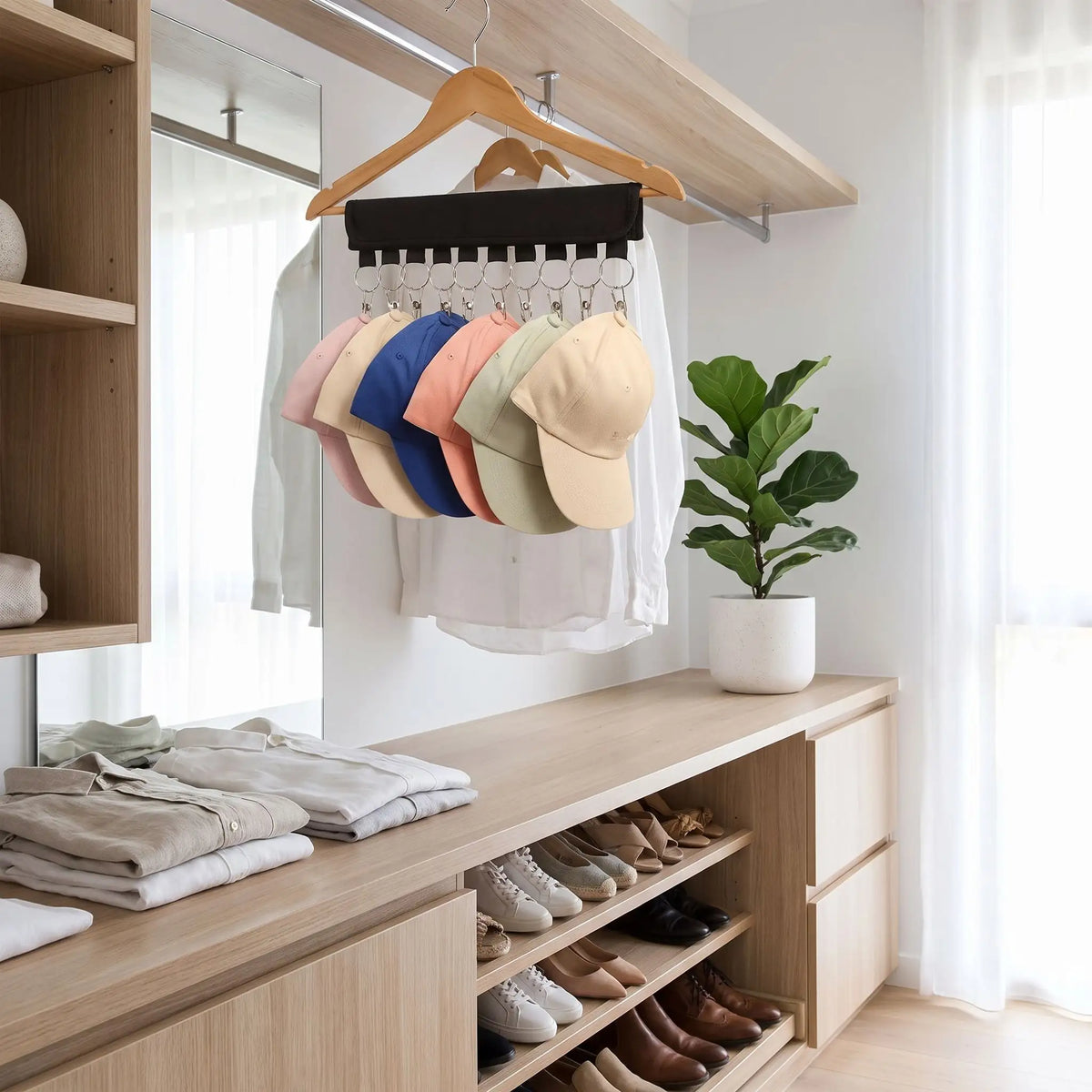 Support casquette FJELL™ 10 clips en acier inoxydable avec tissu résistant installé pour illustrer la suspension