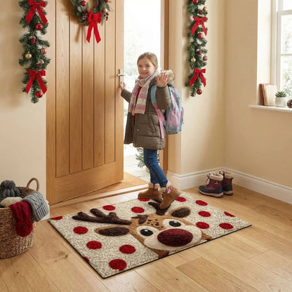 Tapis d'entrée intérieur avec motif de cerf pain d'épice et pois rouges, parfait pour une décoration de Noël chaleureuse