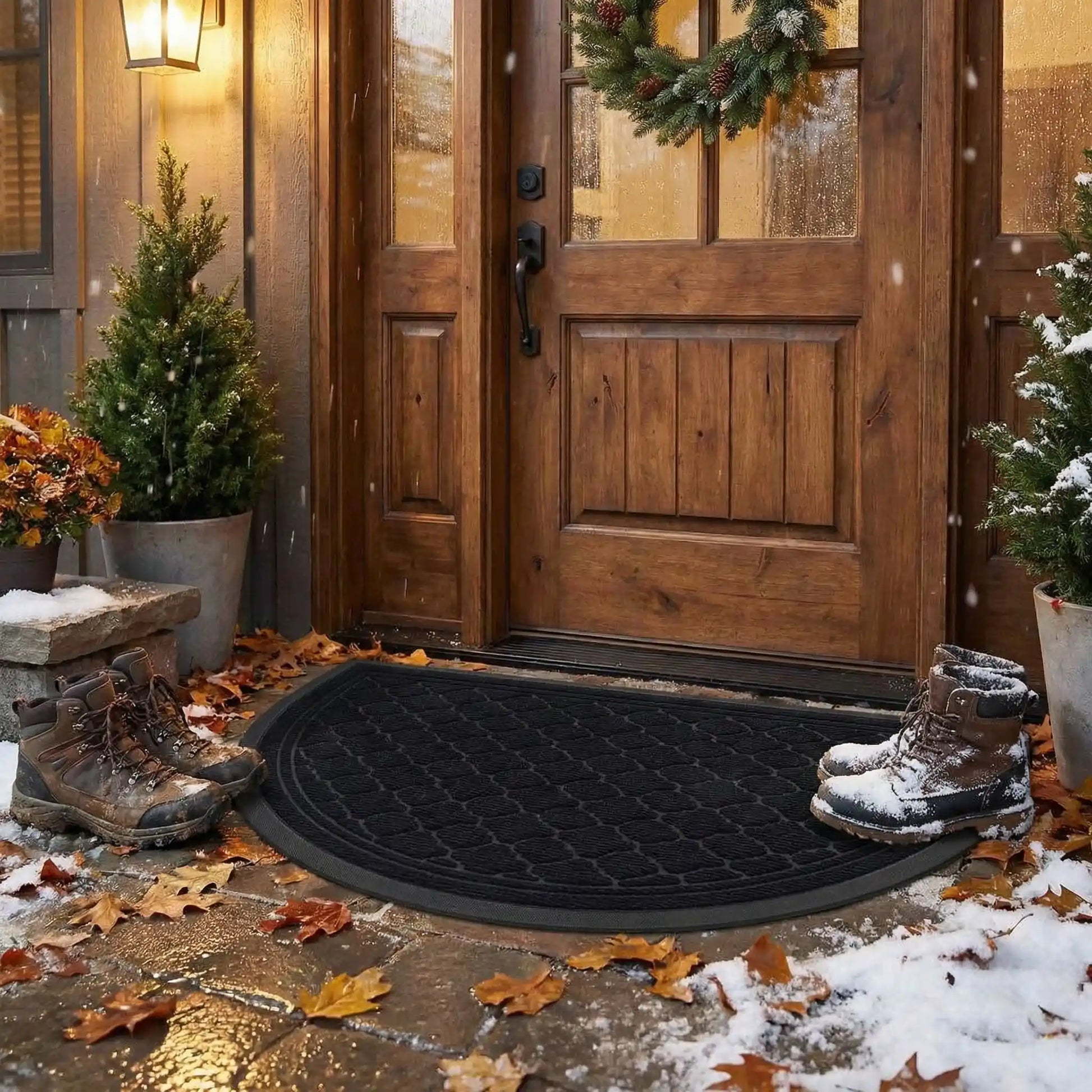 Tapis d'entrée demi-lune noir posé devant une porte en bois sous la neige avec des bottes de randonnée, illustrant la résistance aux intempéries.