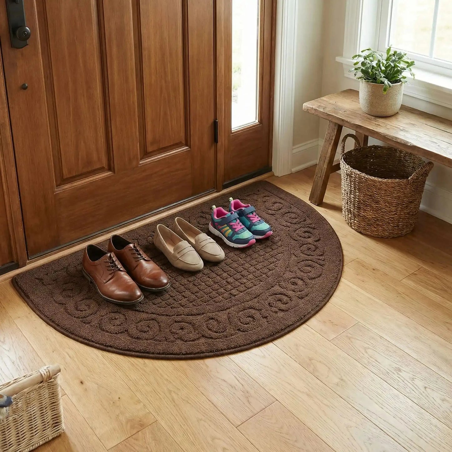 Tapis d’entrée intérieur demi‑lune antidérapant brun avec trois paires de chaussures dans une entrée organisée. 