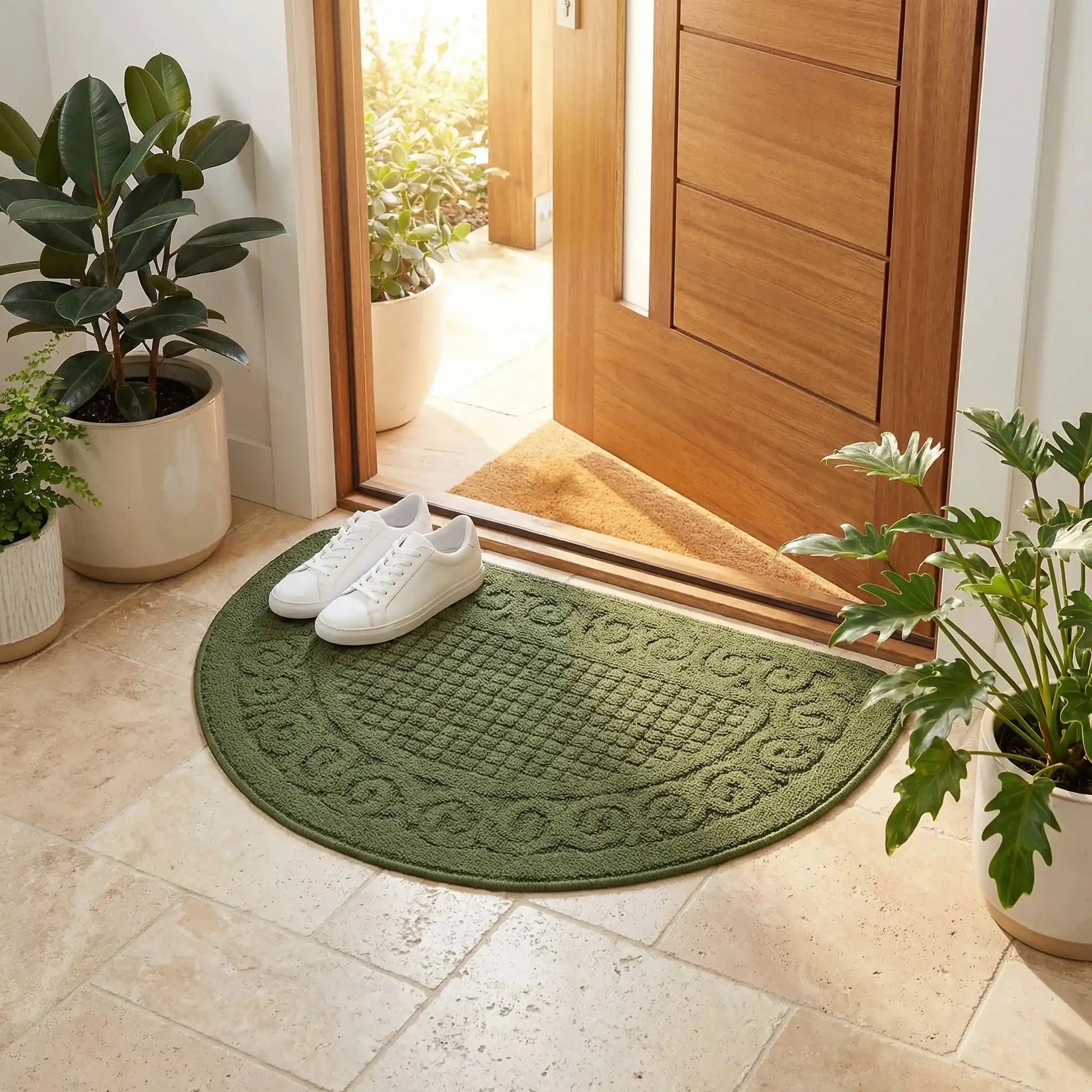 Tapis d’entrée intérieur demi‑lune antidérapant vert avec chaussures posées dans une entrée lumineuse.