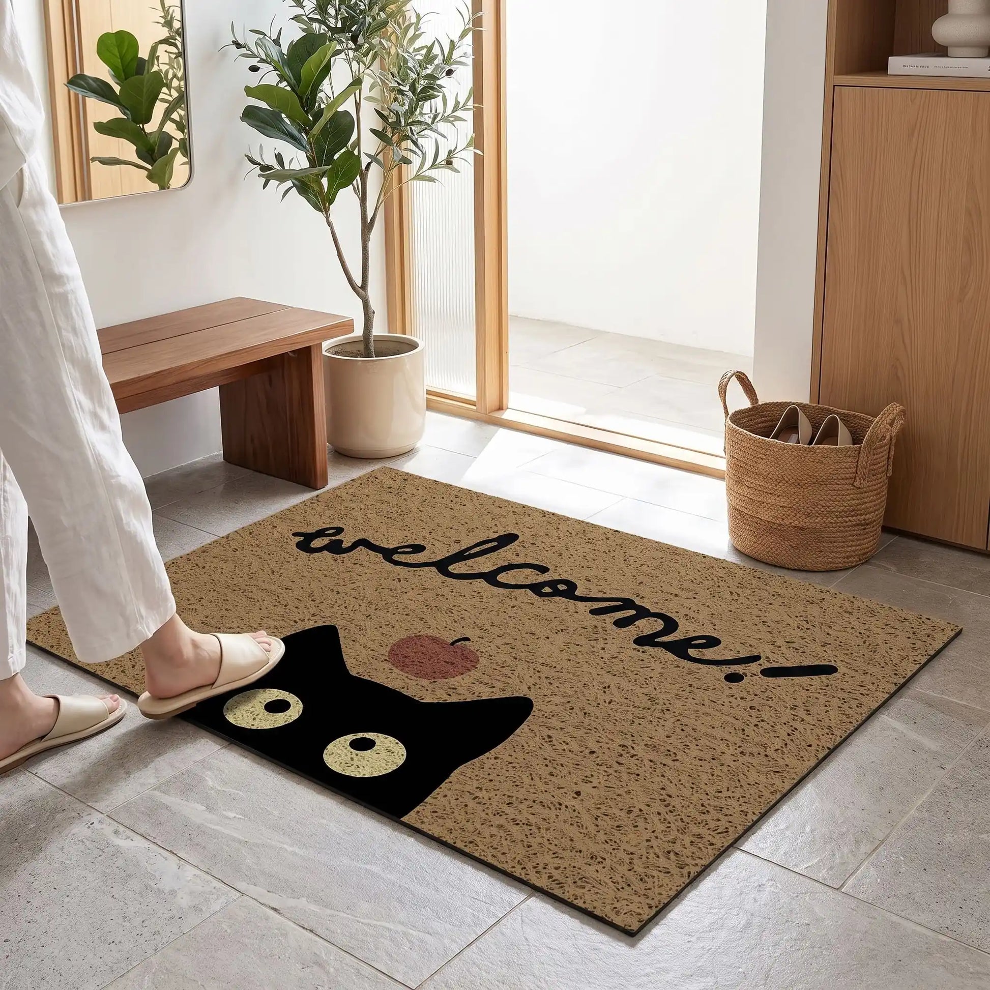 Tapis d’entrée FJELL™ CleanGuard™ Welcome Cat accueil illustré brun en PVC et caoutchouc