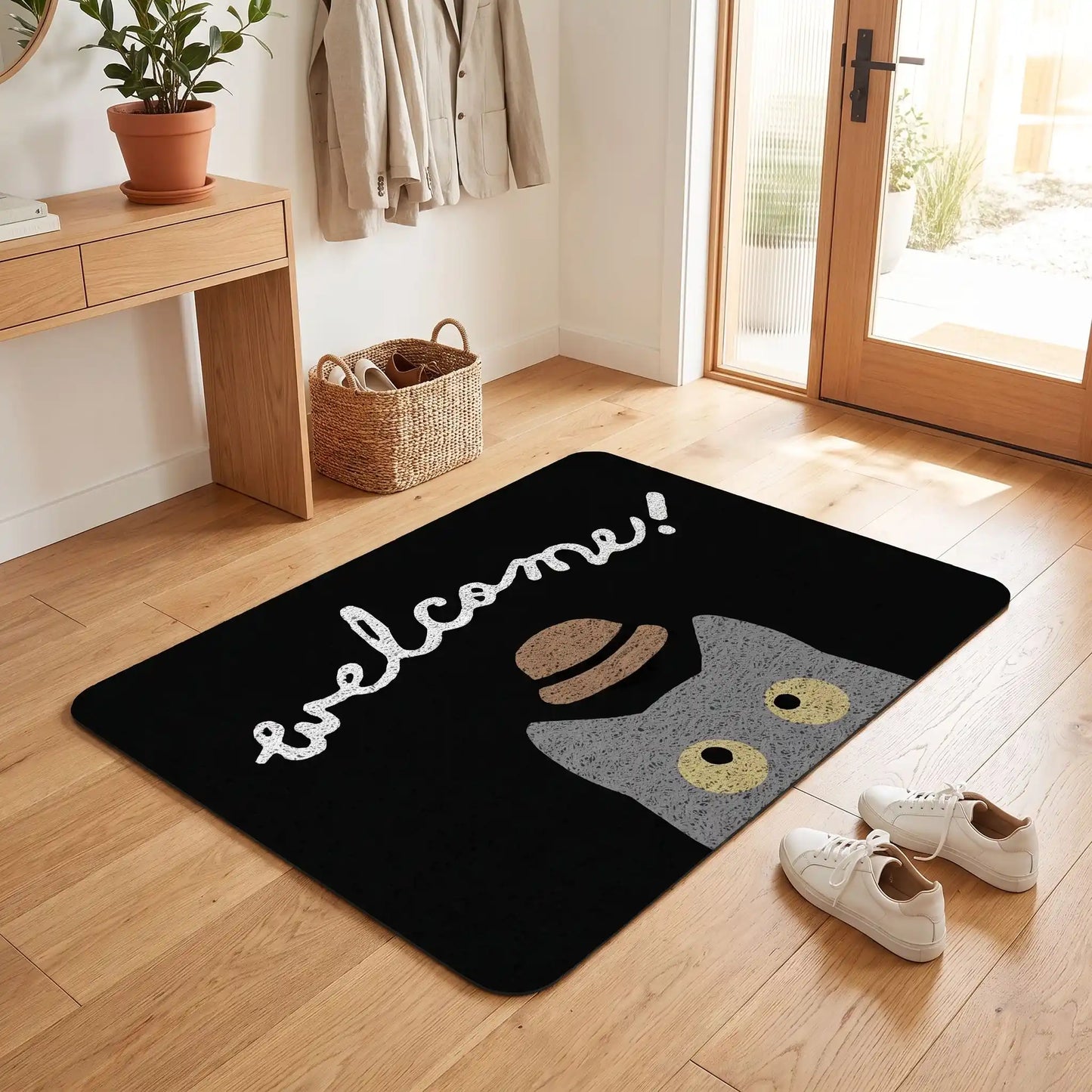 Tapis d’entrée FJELL™ CleanGuard™ Welcome Cat accueil illustré noir en PVC et caoutchouc