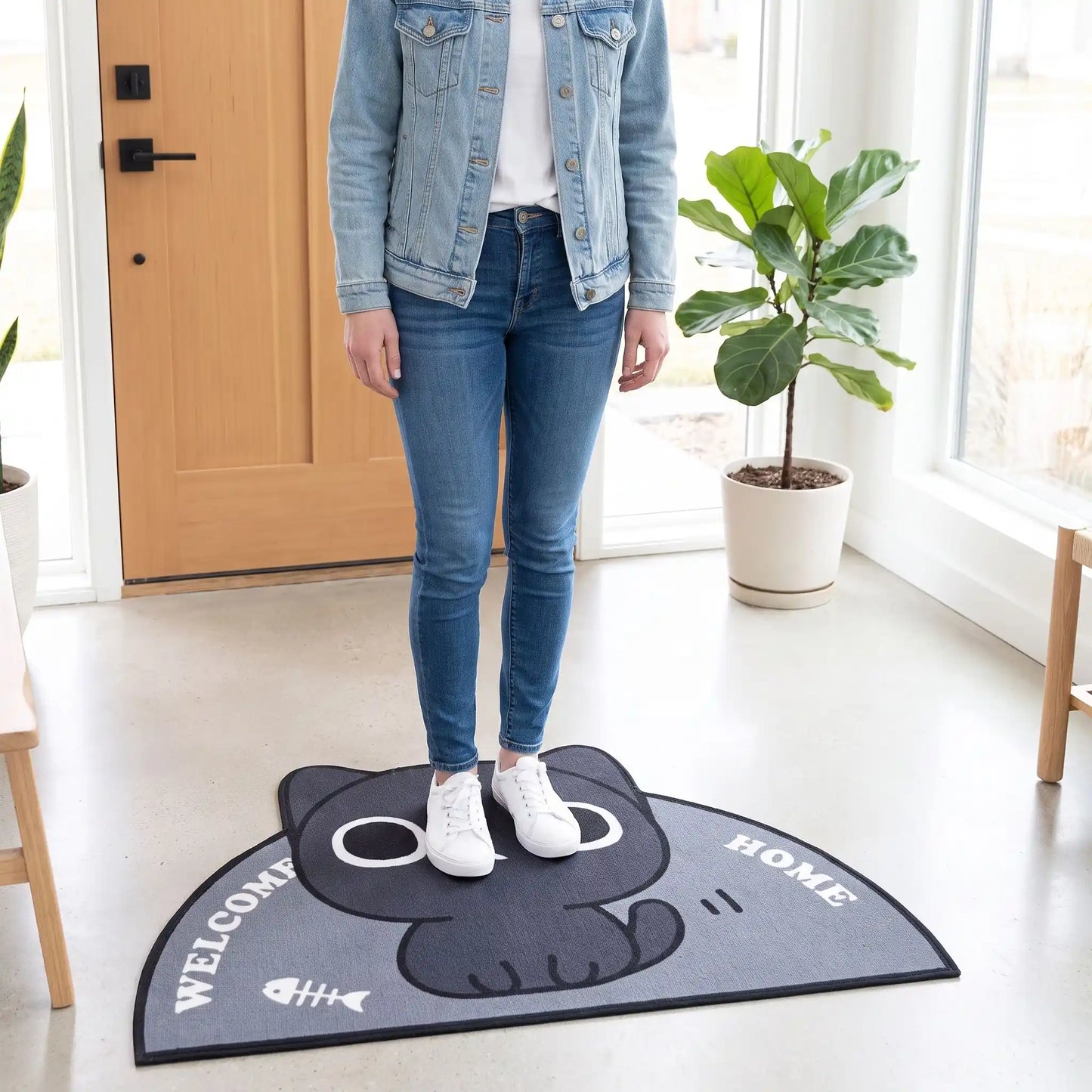 Tapis d’entrée FJELL™ motif chat gris sécurité antidérapante en polyester