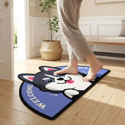 tapis d'entrée husky absorbant bleu avec motif chien, idéal pour garder l'entrée propre et chaleureuse 
