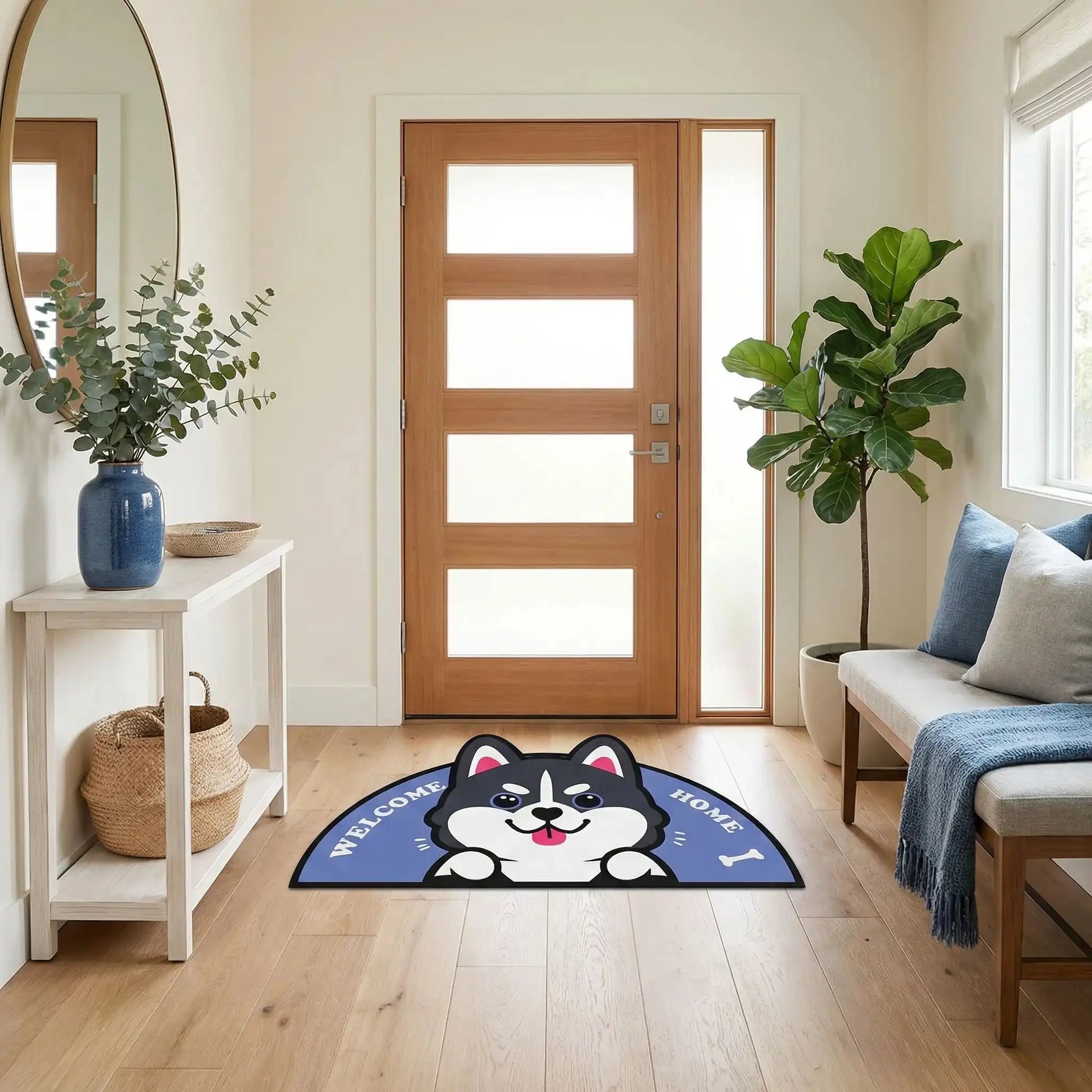 tapis d'entrée husky absorbant dans une entrée lumineuse avec console scandinave et décor naturel