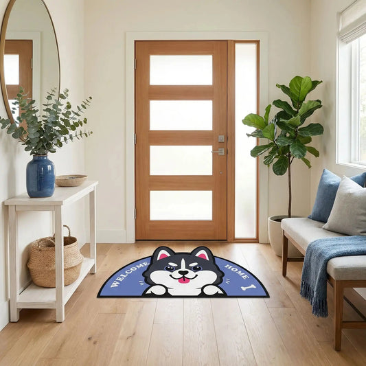 tapis d'entrée husky absorbant dans une entrée lumineuse avec console scandinave et décor naturel