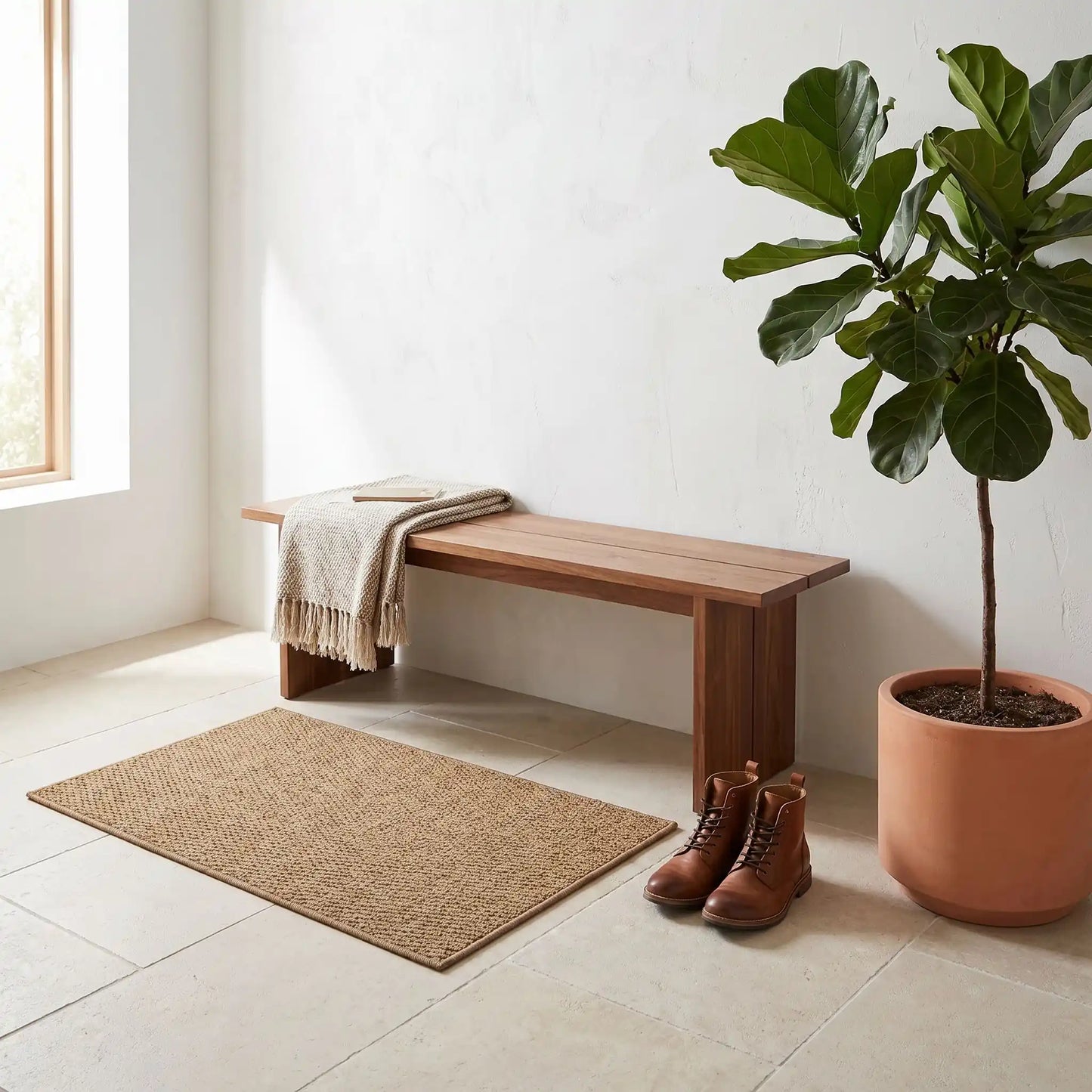 Tapis d'entrée en jute naturel tissé devant un banc en bois et une plante verte dans une entrée épurée, alliant style décoratif et sécurité antidérapante.