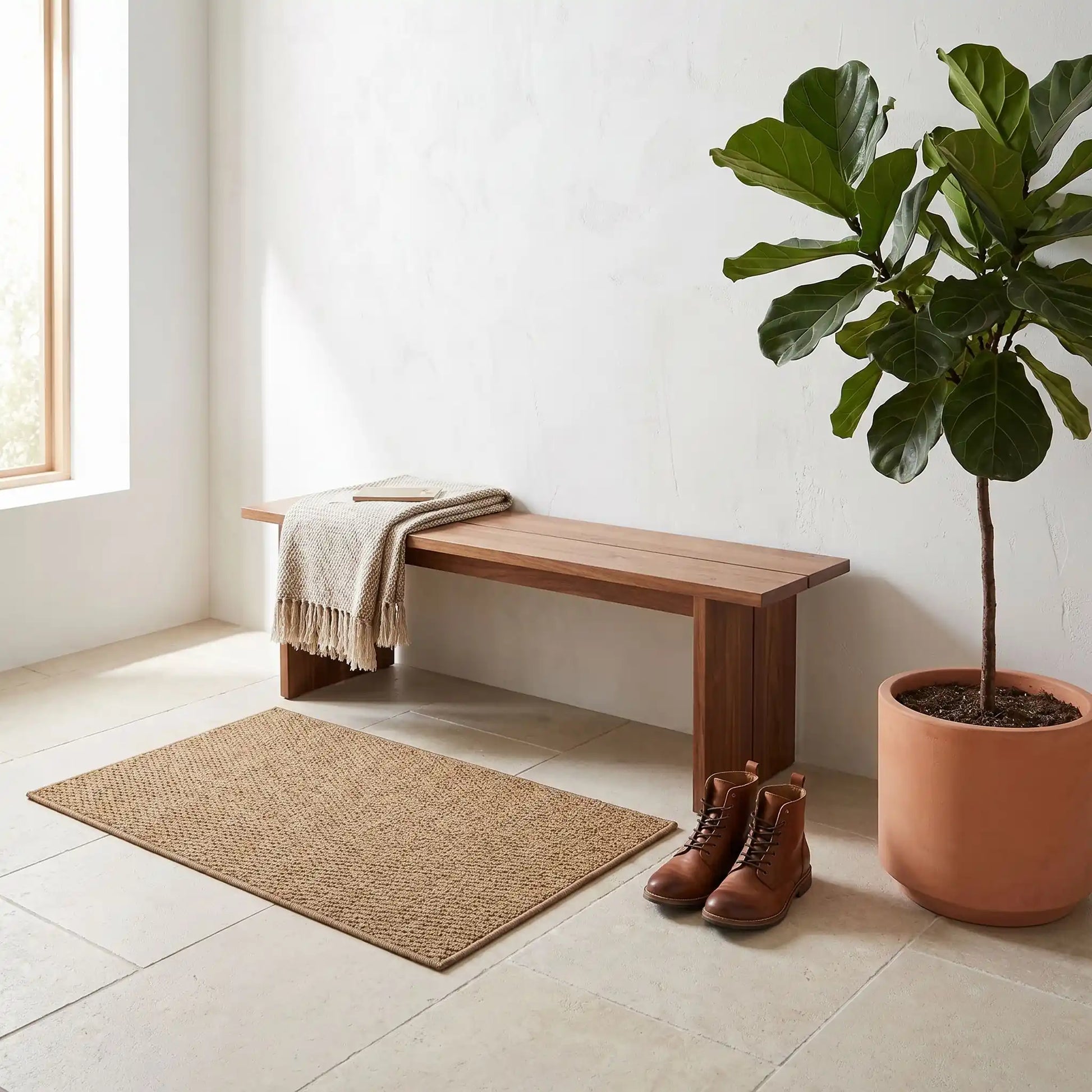 Tapis d'entrée en jute naturel tissé devant un banc en bois et une plante verte dans une entrée épurée, alliant style décoratif et sécurité antidérapante.