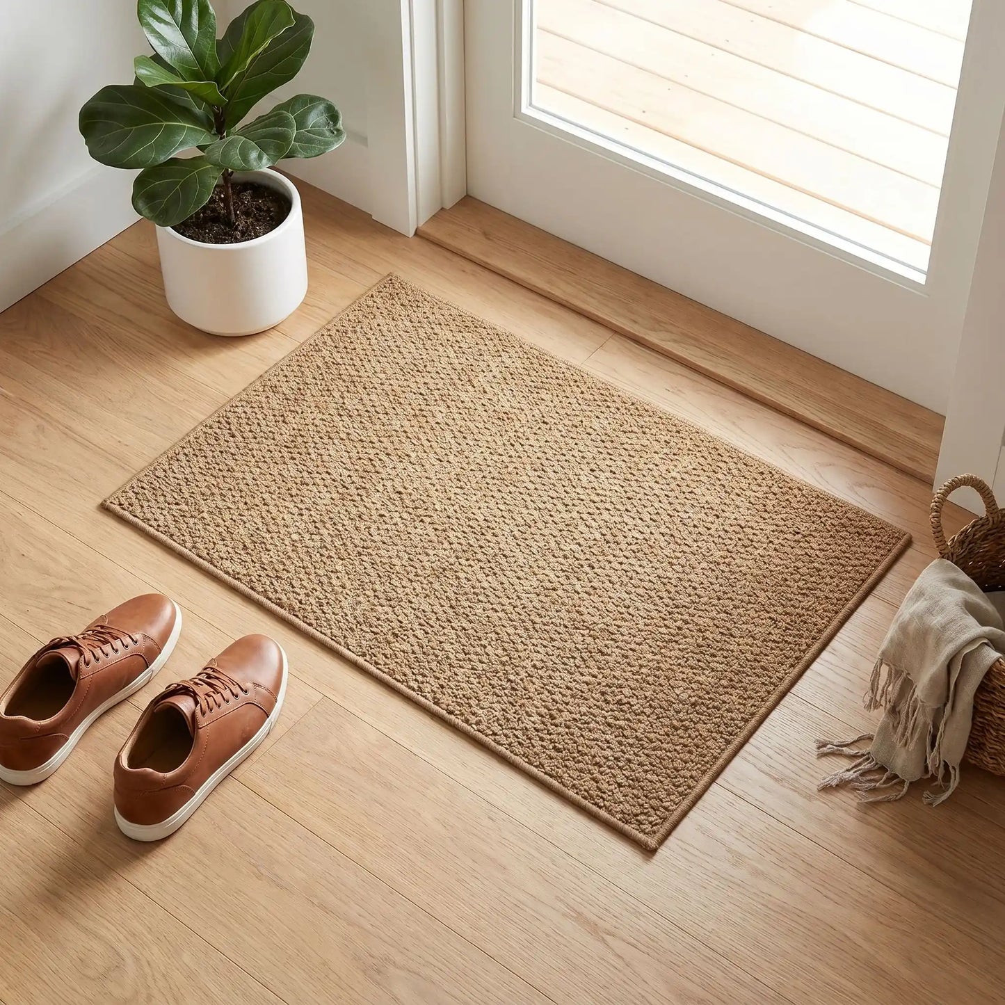 Tapis d'entrée en jute naturel tissé dans une entrée moderne avec chaussures, offrant une surface antidérapante et décorative pour la maison.