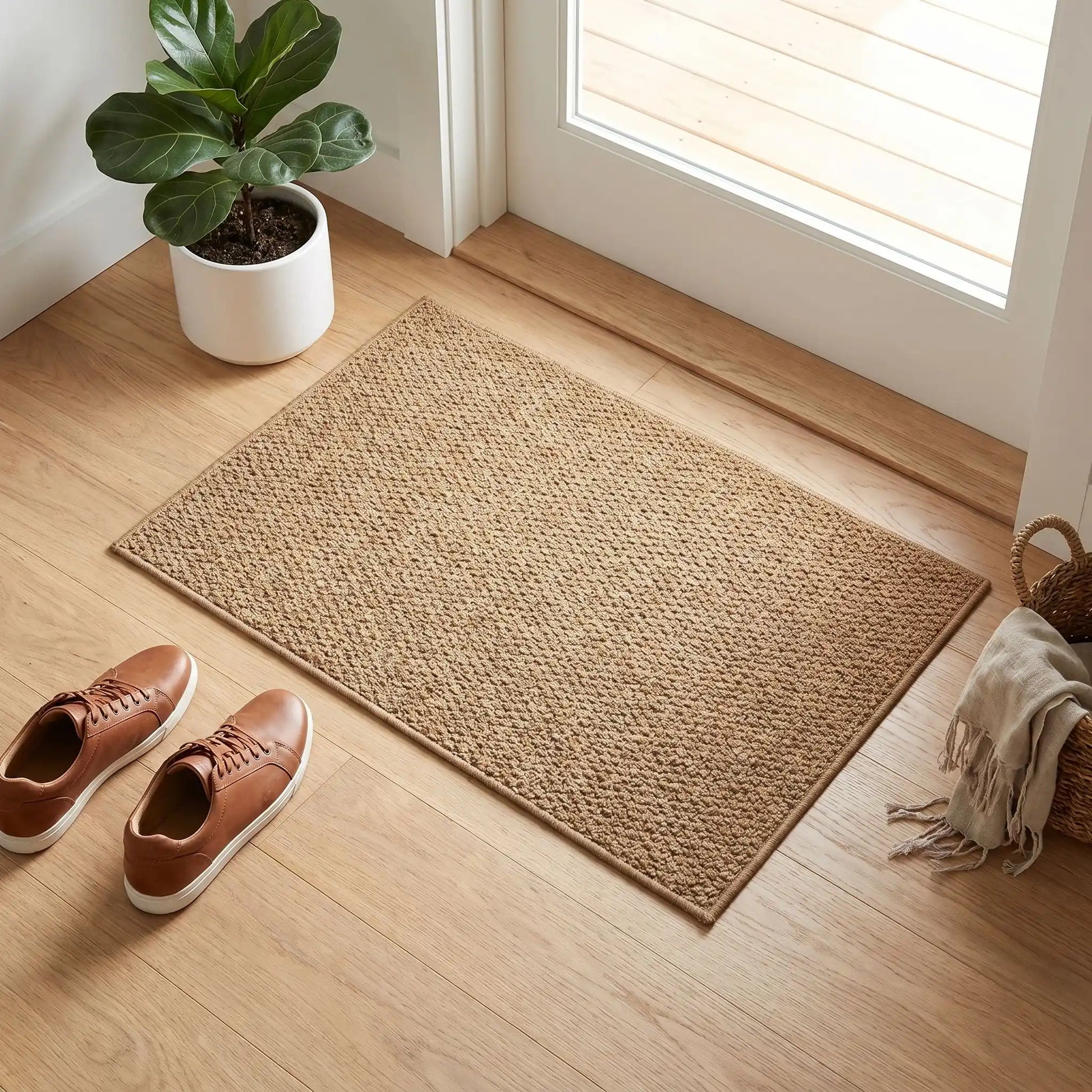Tapis d'entrée en jute naturel tissé dans une entrée moderne avec chaussures, offrant une surface antidérapante et décorative pour la maison.