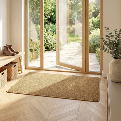 Tapis d'entrée en jute naturel tissé placé dans une entrée lumineuse avec vue sur jardin, offrant une décoration chaleureuse et antidérapante.
