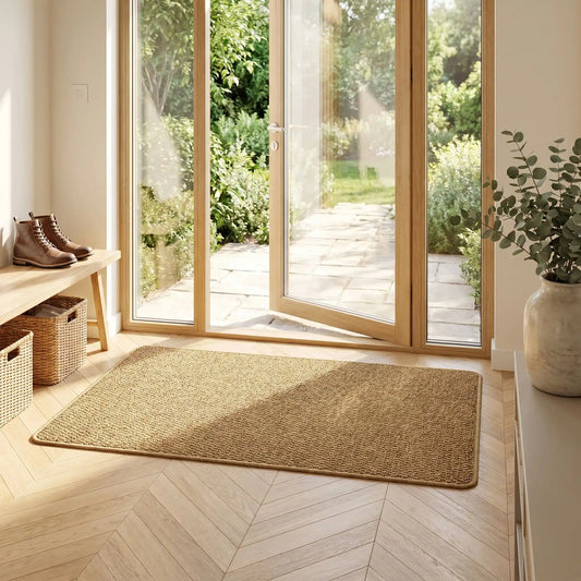 Tapis d'entrée en jute naturel tissé placé dans une entrée lumineuse avec vue sur jardin, offrant une décoration chaleureuse et antidérapante.
