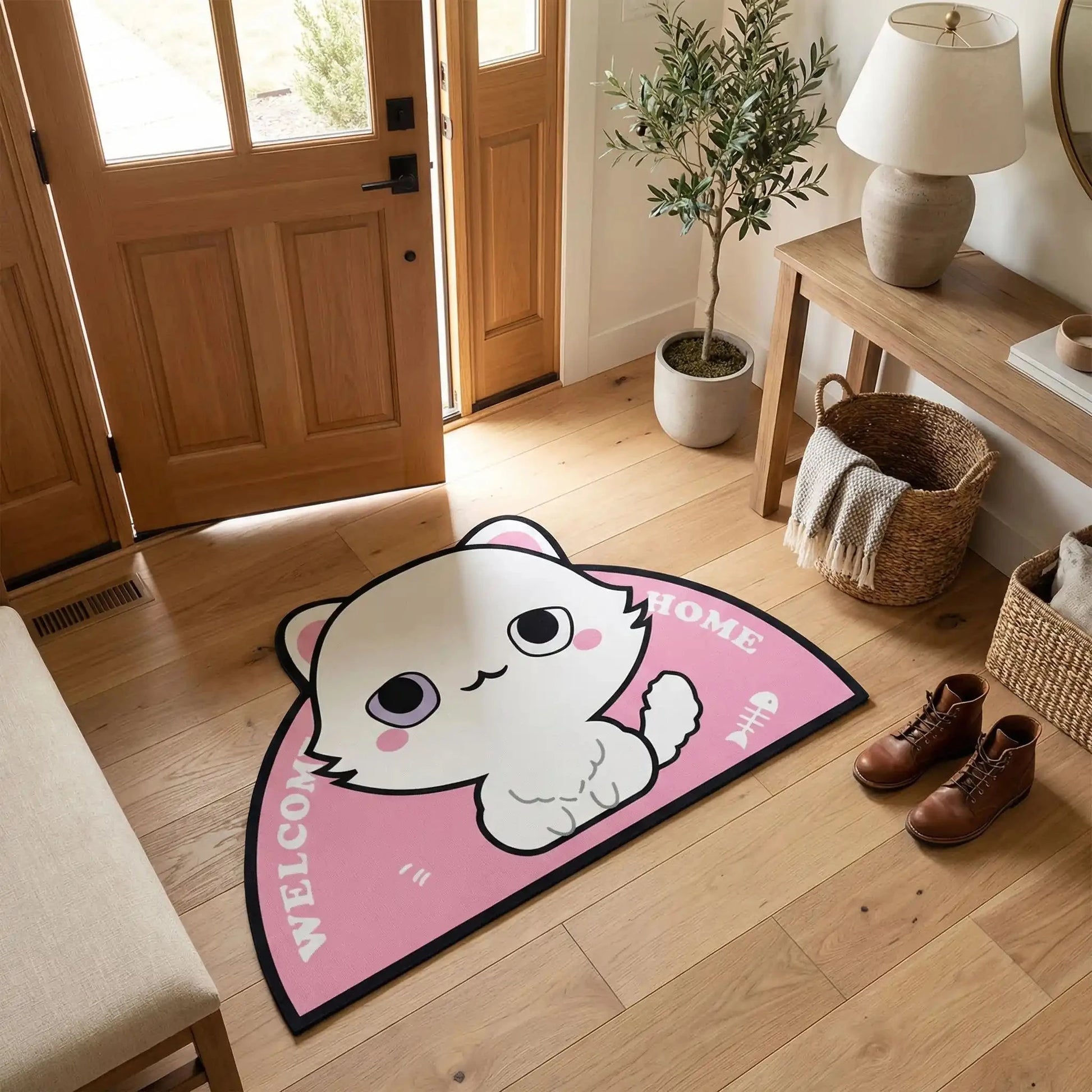 tapis d'entrée motif chatons antidérapant rose dans une entrée chaleureuse et décor scandinave