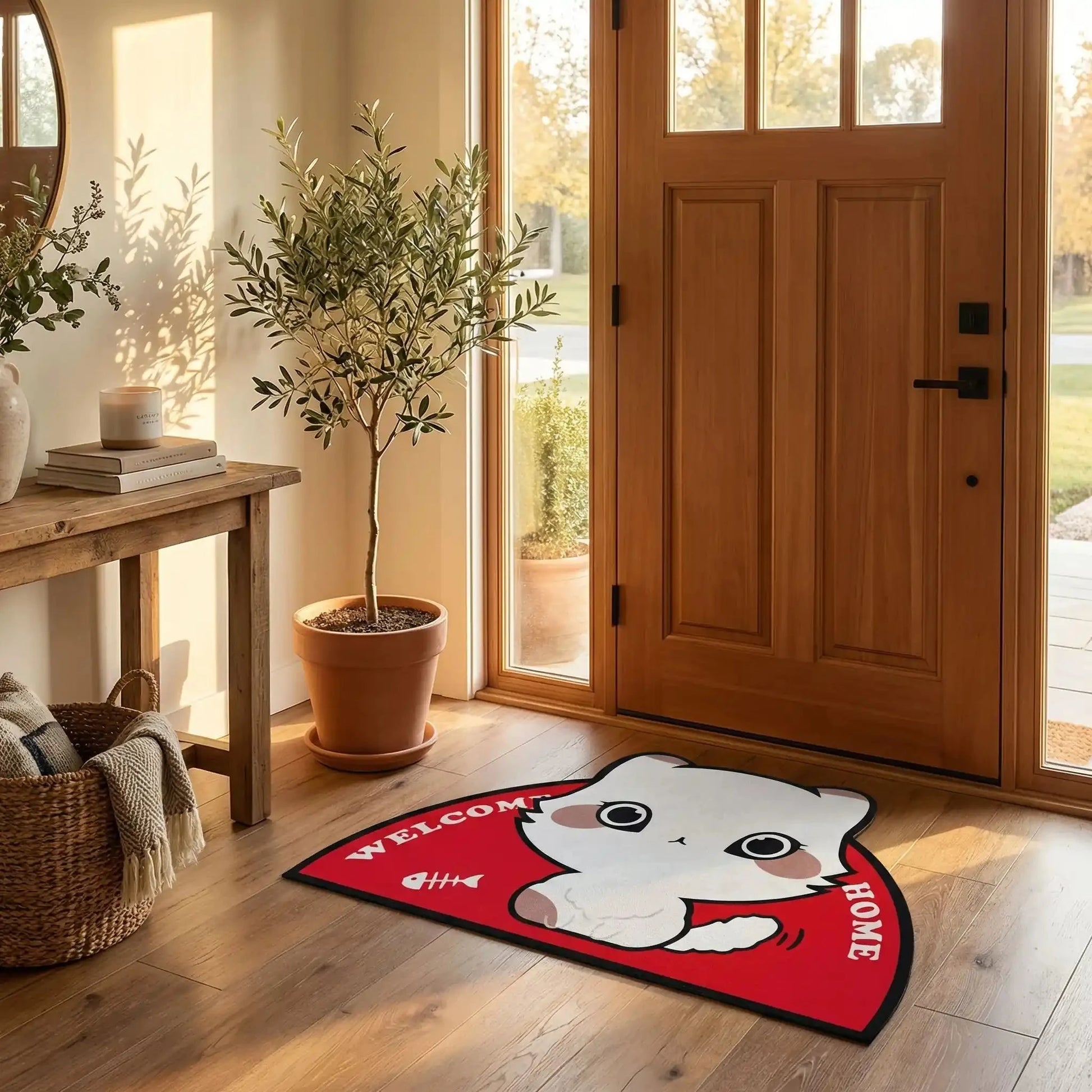 tapis d'entrée motif chatons antidérapant rouge placé devant une porte en bois dans une entrée accueillante