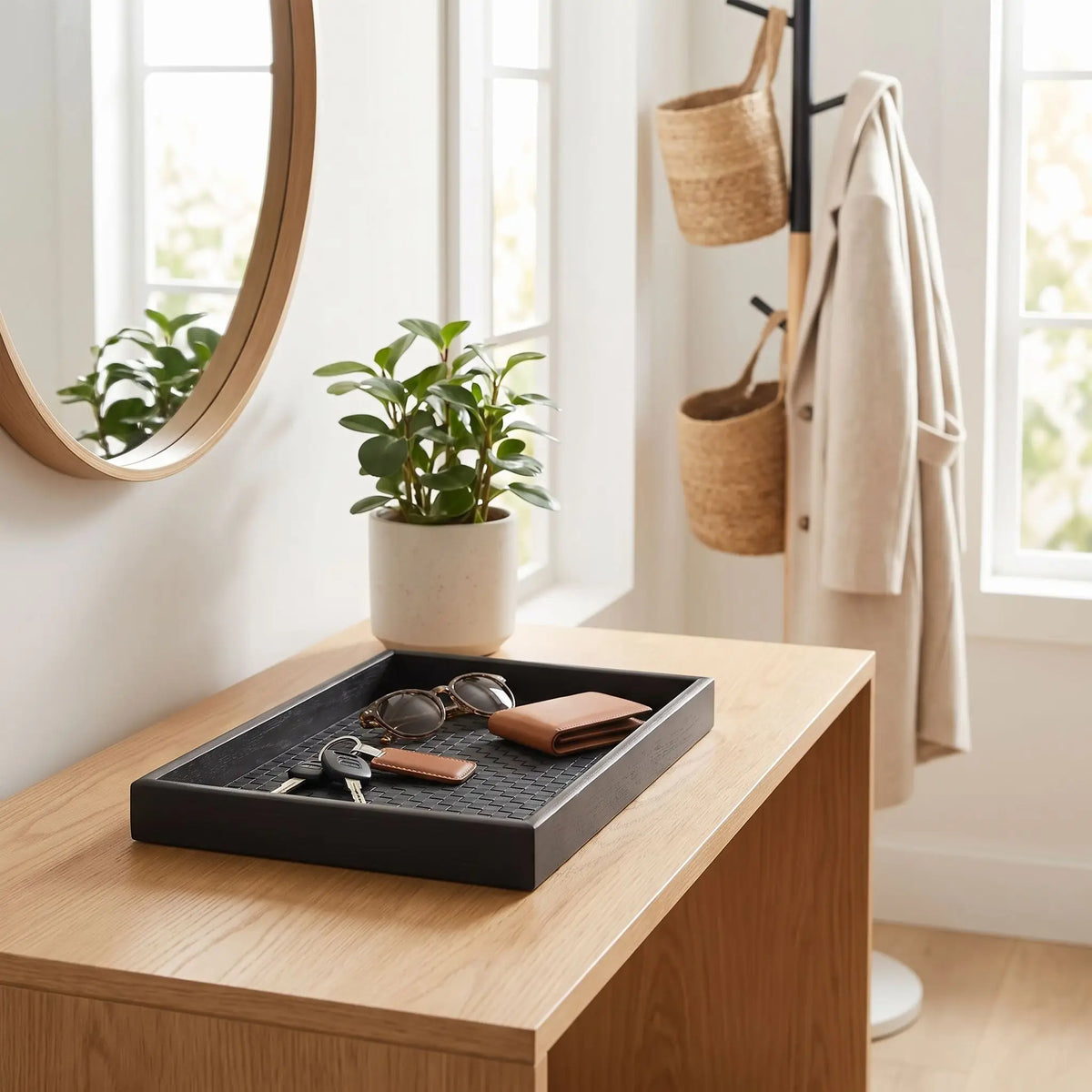 Vide poche entrée Norden similicuir rectangulaire sur une table avec plante et mirroir