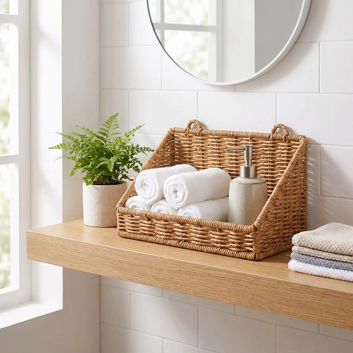 Vide‑poche mural SKOG™ en rotin tressé pour organiser la salle de bain